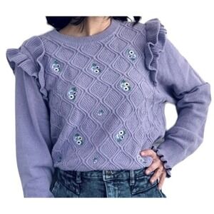 Lavender Fields Ruffle Floral Sweater Sz M Shirt Cottage Cozy Girly Soft Grandma